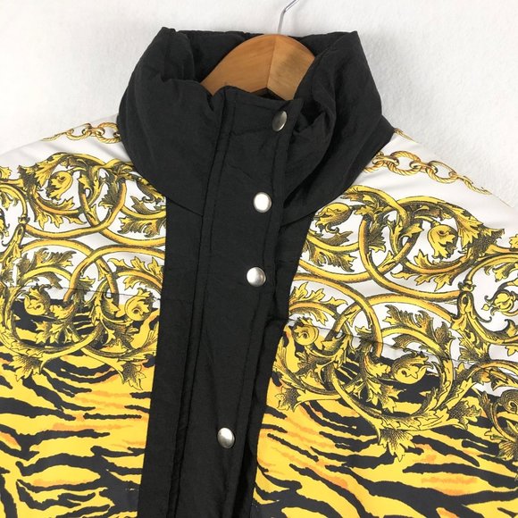 Topshop Women's Size 10 Yellow White Black Tiger Print Chain Link Puffer Jacket - Picture 3 of 9